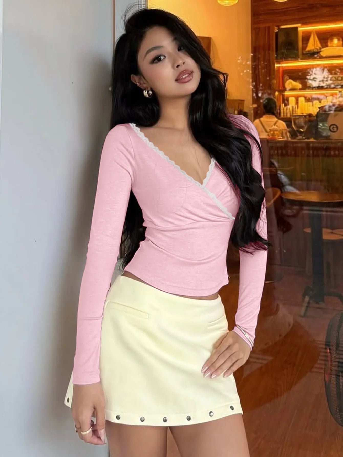 Lace Trim V Neck Long Sleeve Crop Tops Women's T-shirts Spring 2026 Fashion Clothes for Woman