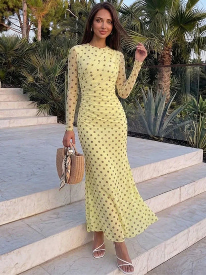 Polka Dot Yellow Mesh Long Sleeve Maxi Dress Autumn 2026 Classy Dresses for Woman Elegant