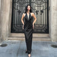 Faux-leather Halter-neck Maxi Dress Deep V Front Twist-ruched Black Evening Dresses for Woman