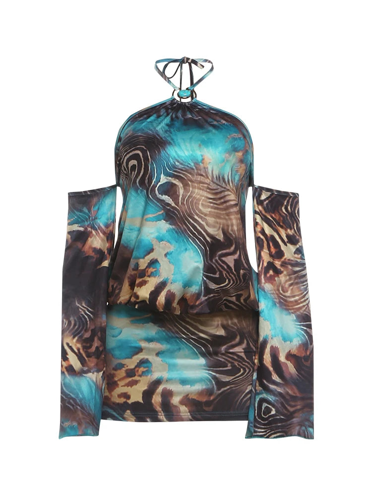 Colorful Print Mini Dress Woman Beads Decoration Halter Off Shoulder Full Sleeve High Street Fashion Style Bodycon