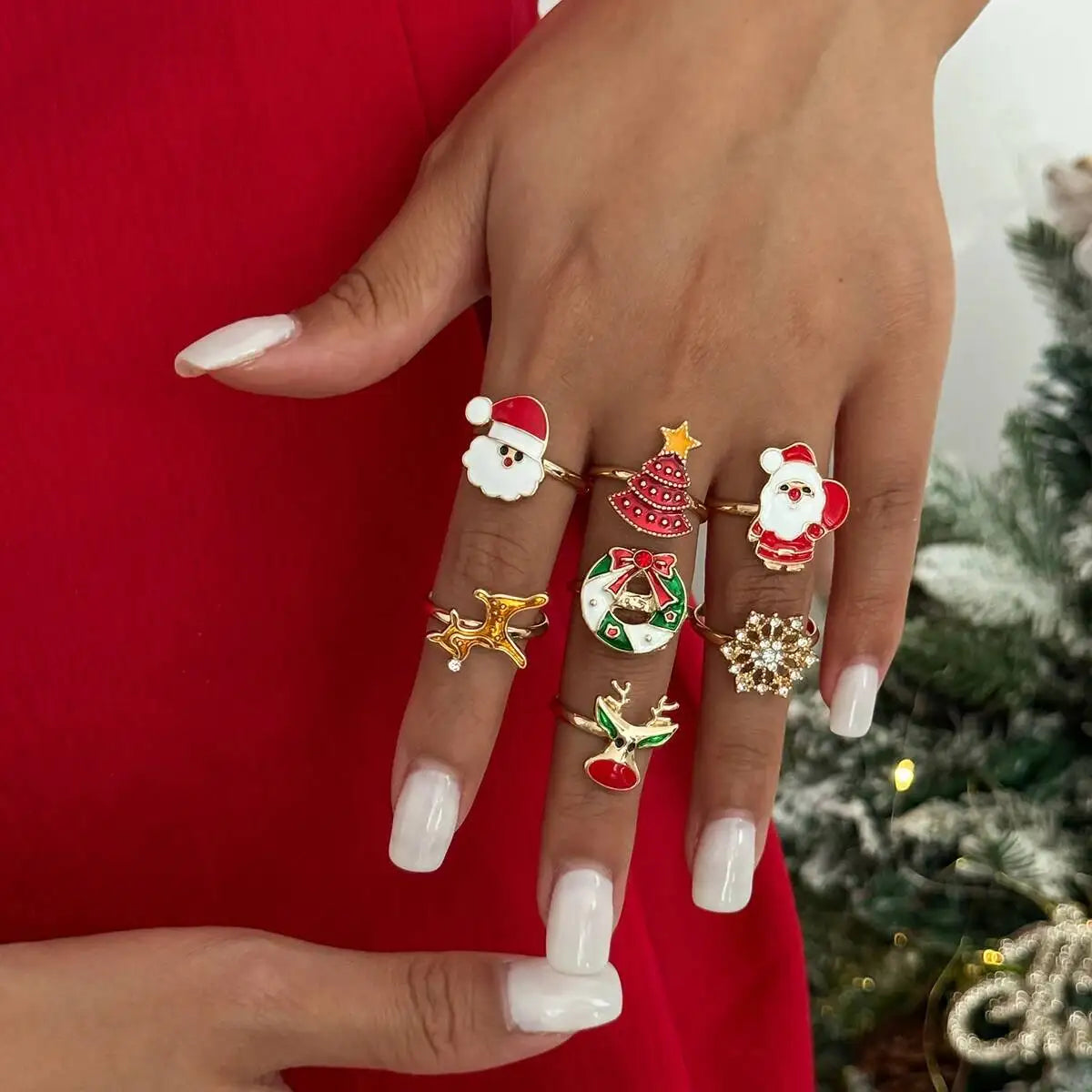 Christmas Deer Trendy Snowflake Tree Open Rings Set Adjustable Retro Creative Knuckle Ring Jewelry for Women