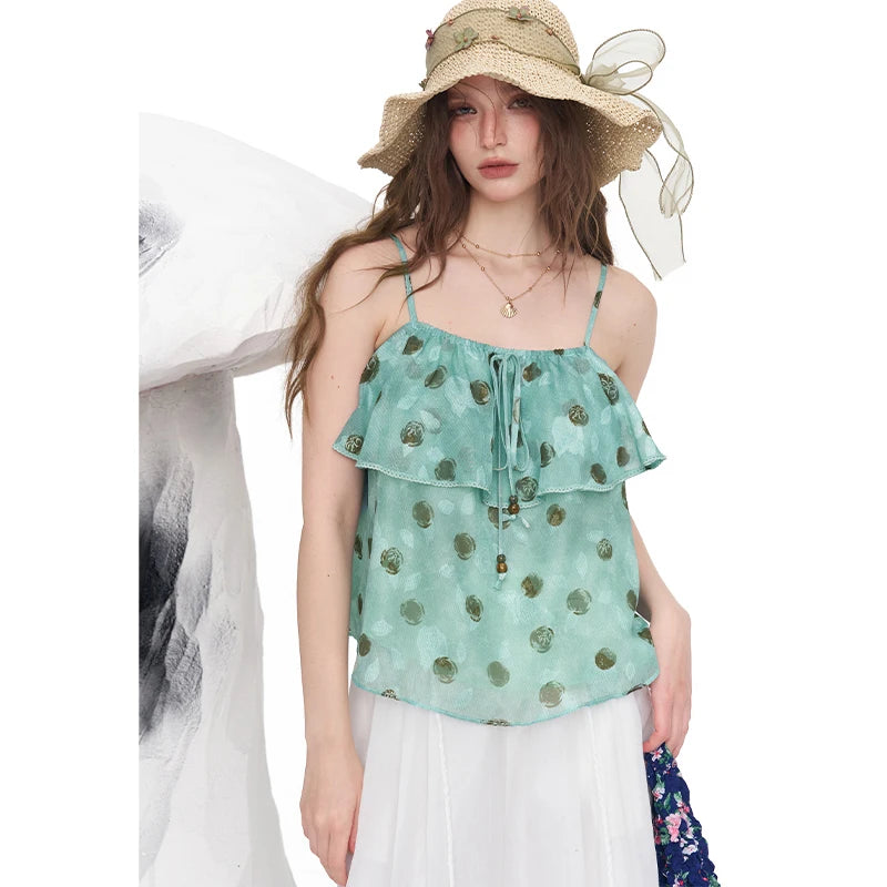 Polka Dot Ruffle Camisole, Beaded Drawstring Chiffon Cami Top, Mint Green Y2K Summer Sleeveless Blouse