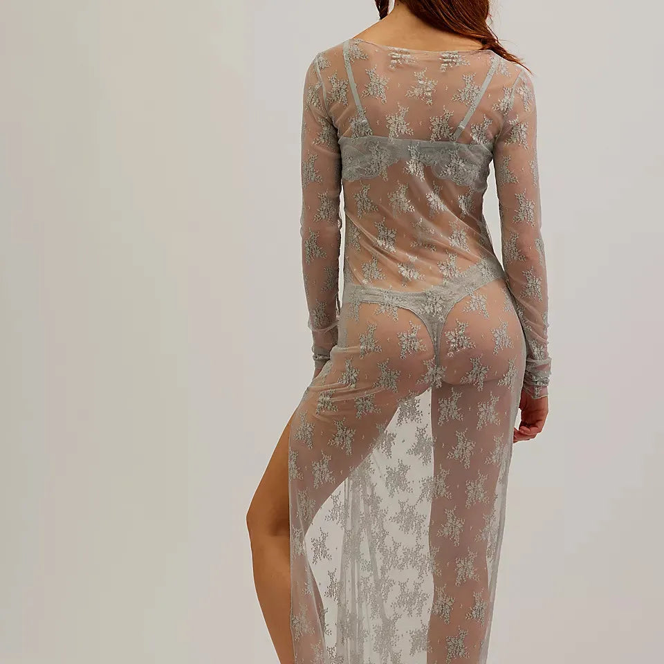 Womens Y2K Sheer Lace Maxi Dress Long Sleeve See Through Mesh Floral Lace Split Bodycon Dress Beach Coverups Party Dress