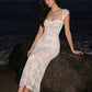 Patchwork Jacquard Elegant Dress Woman Summer Trend Square Collar Backless Shape Waist Beach Party Style Long Bodycon
