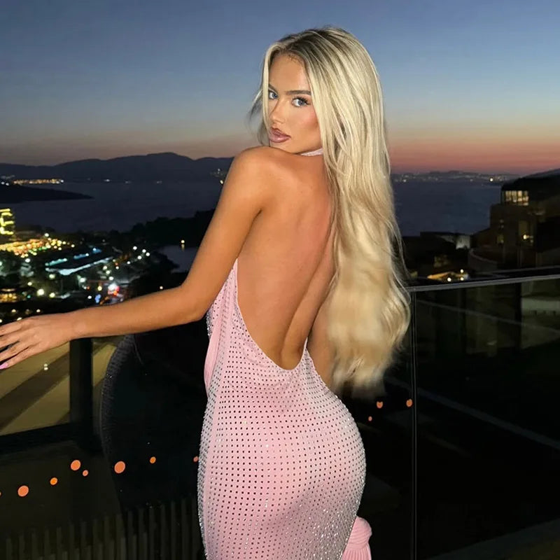 Women Rhinestone Halter Maxi Dress Cowl Neck Open Back Sleeveless Bodycon Party Club Evening Gown Sparkly Formal Dress