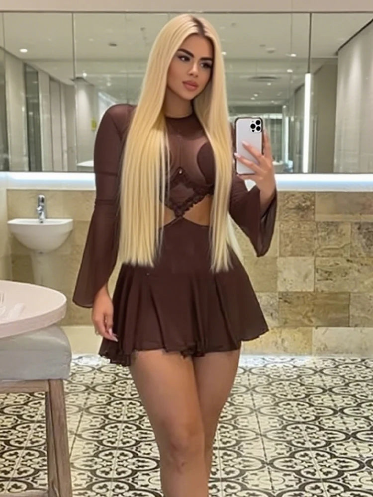 Waistless Pleated Hem Dress Women See Through Sexy Midnight Full Sleeve Coquette Clubwear Party Rave Mini Bodycon