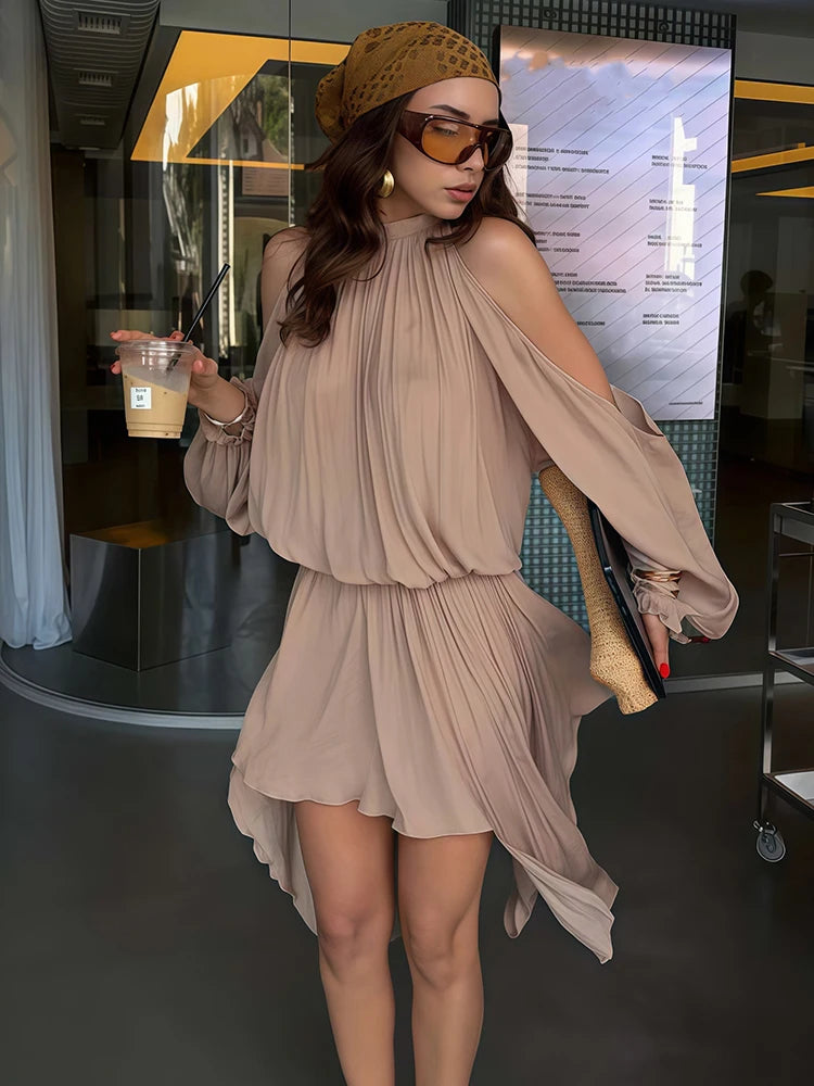 Sexy Off-Shoulder Hollow Dress Women Fashion Turtleneck Ruched Full Sleeve Irregular Hem Elegant Party Club Outfits