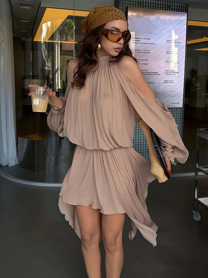 Sexy Off-Shoulder Hollow Dress Women Fashion Turtleneck Ruched Full Sleeve Irregular Hem Elegant Party Club Outfits