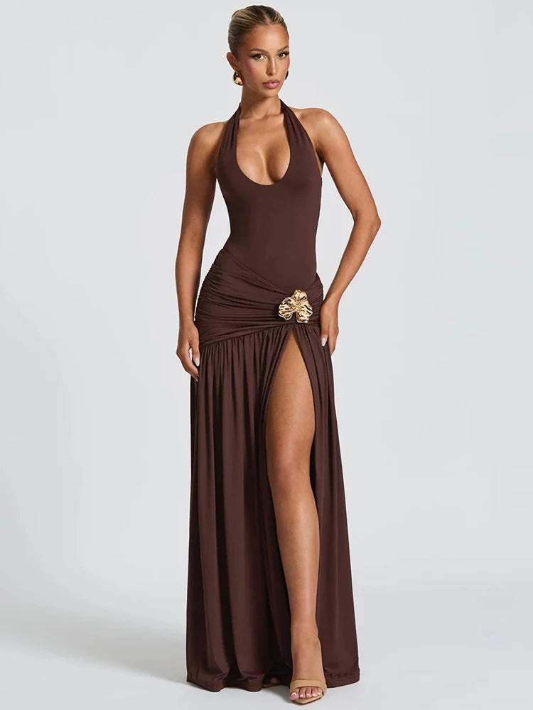 Elegant Backless Sexy Maxi Dress Set Women Halter Bodysuit And Maxi Skirt Matching Set Female Ruched Split Dress Sets
