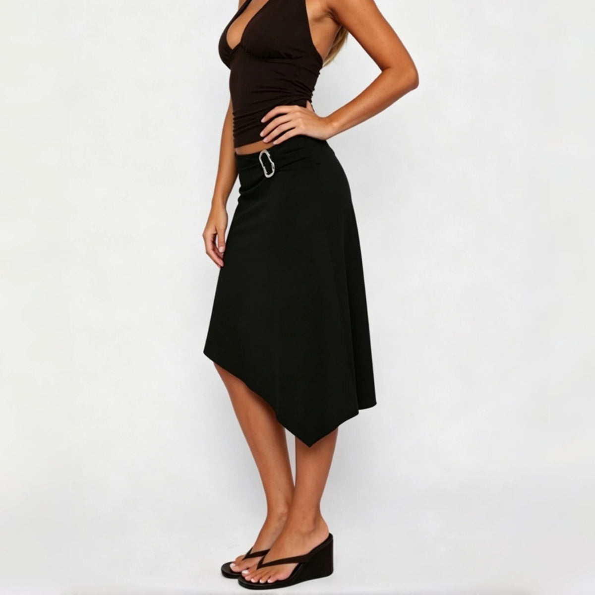 Women Asymmetric Midi Skirt Metal Buckle Ruched Waist Wrap Skirt Irregular Hanky Hem Bodycon Skirt Y2K Party Streetwear