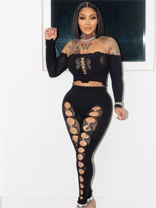 Sexy Thick 2 Piece Set Women Stretch Midnight Rhinestones Straight Collar Hollow Crop Tops+Leggings Clubwear Outfits