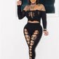 Sexy Women Thick 2 Piece Set Rhinestones Straight Collar Hollow Crop Tops+Leggings Midnight Stretch Clubwear Outfits