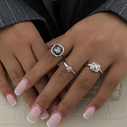 Women's Trendy Minimalist Acrylic Rhinestone Open Rings Geometry Square Adjustable Knuckle Party Jewelry Set