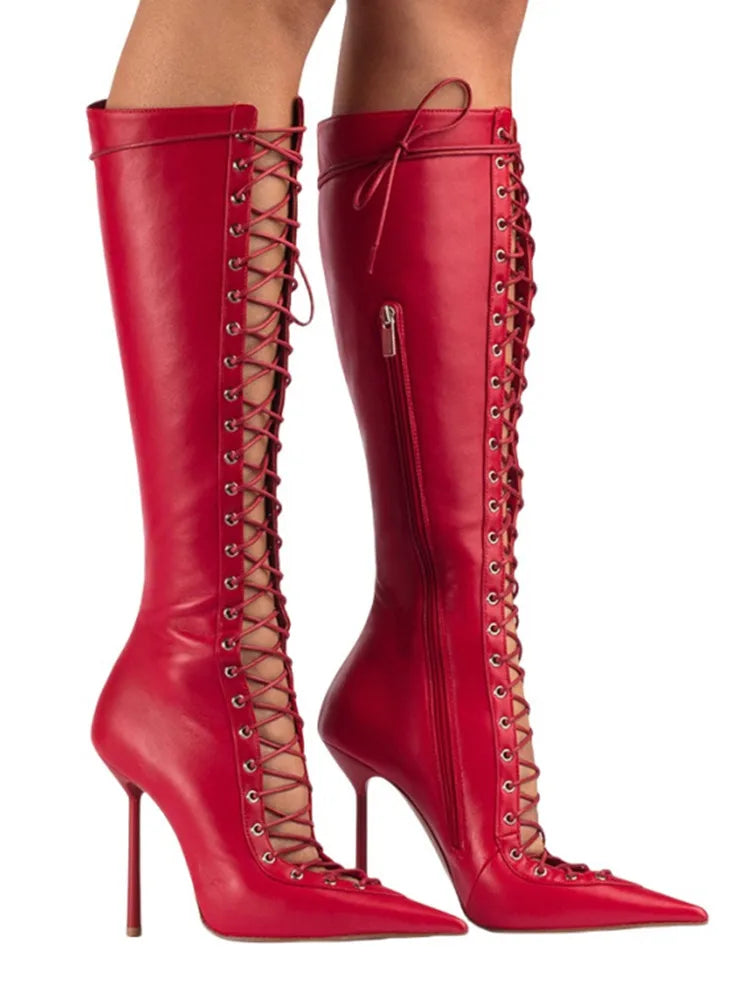 2026Spring/Summer New Lace Up Short Cool Boots Side Zipper Banquet Slimming High Heels Sexy Knee Length Women's Boots