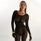 See Through Seamless Striped Jacquard One Piece Long Sleeve Jumpsuit Sexy All Black Outfits for Woman Baddie