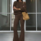 Women 2 Piece Set Outfit Cozy Knit One Shoulder Long Sleeve Top High Waist Flare Pants Set Winter Woman 2026