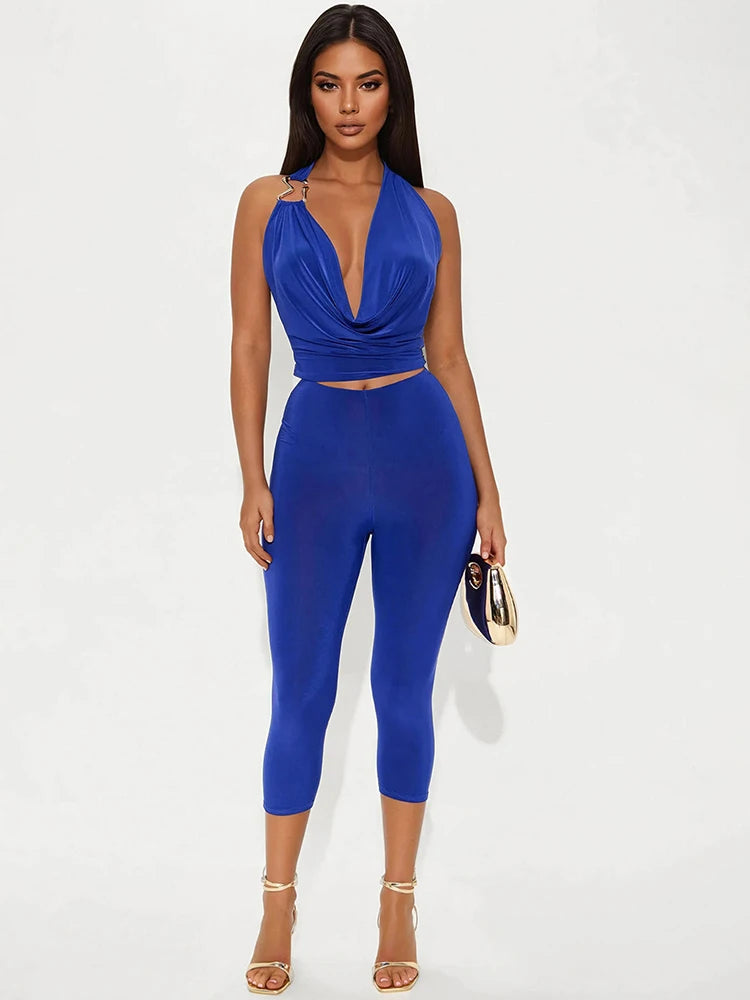 Clubwear Sexy 2 Piece Set Y2K Hipster Women Swing Collar Tank Tops+Bike Shorts Matching Stretch Midnight Slim Outfits