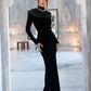 Full Sleeve Turtleneck Mesh Patchwork Long Dress Woman Elegant Velvet Slim High Waist Evening Prom Party Elegant Bodycon