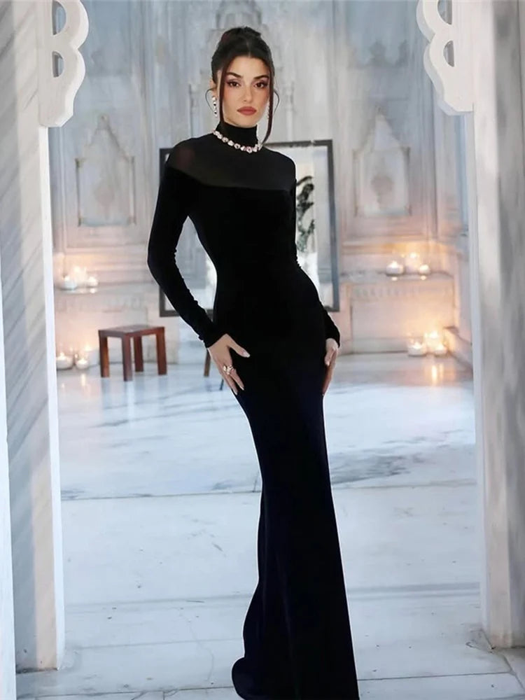 Full Sleeve Turtleneck Mesh Patchwork Long Dress Woman Elegant Velvet Slim High Waist Evening Prom Party Elegant Bodycon