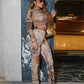 Colorful Print 2-Piece Set Women o-Neck Full Sleeve Crop Top+Elastic Waist Simple Pant See Through Sexy Street Suit