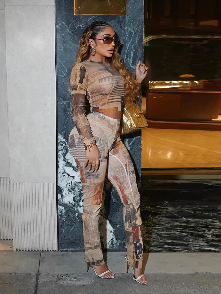 Colorful Print 2-Piece Set Women o-Neck Full Sleeve Crop Top+Elastic Waist Simple Pant See Through Sexy Street Suit