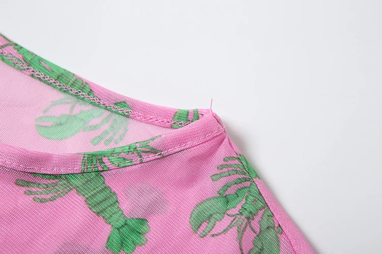 Contrast Patchwork Long Dress Women Crayfish Print o-Neck Full Sleeve See Through Hem Autumn Fashion Elegant Vestidos