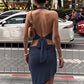 Women Navy Blue Halter Neck Two Piece Outfit Ruched Drawstring Asymmetrical Top And Mini Skirt Set Female Dress Set