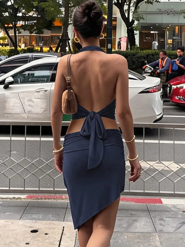 Women Navy Blue Halter Neck Two Piece Outfit Ruched Drawstring Asymmetrical Top And Mini Skirt Set Female Dress Set