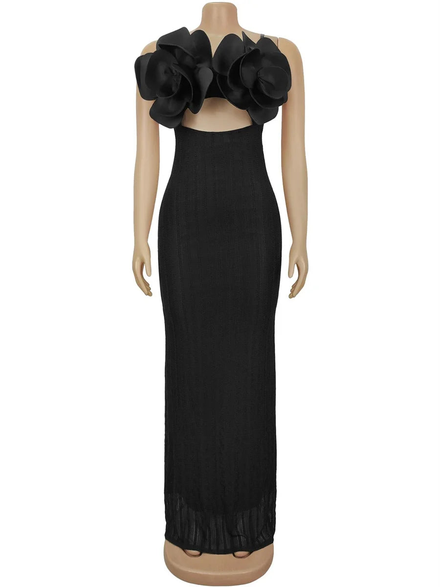 Backless Sexy 3D Boutonniere Dress Women Stripes Hollow Sleeveless Lace Stretch Skinny Party Fashion Activity Bodycon