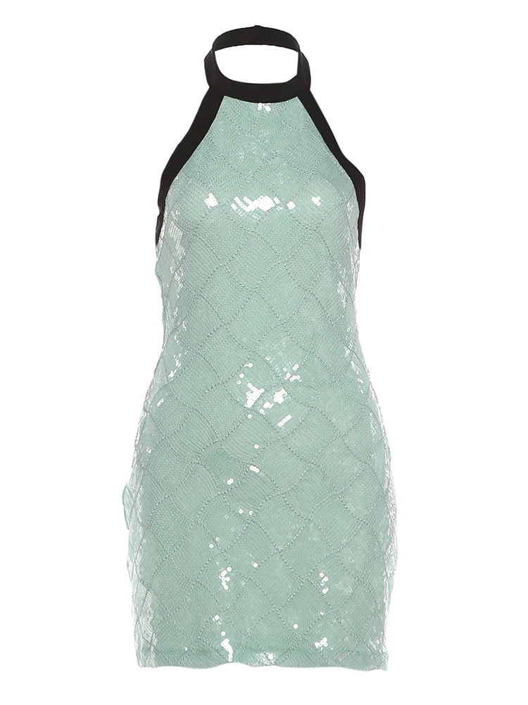 Sequin Dress Women Hlater Backless Sleeveless Skinny Patchwork Zipper Summer Sweet Midnight Chic Fashion Mini Bodycon