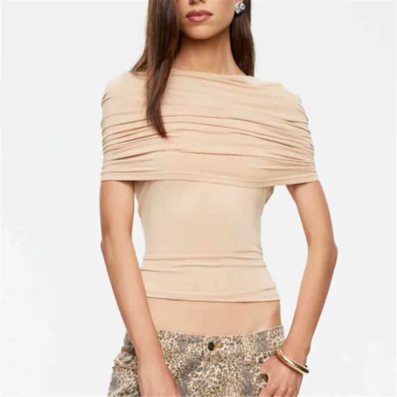 Women's Slim Fit Crop Tops Solid Color Stylish Ruched Front Overlay Ruched T-Shirt for Night Party Summer Streetwear