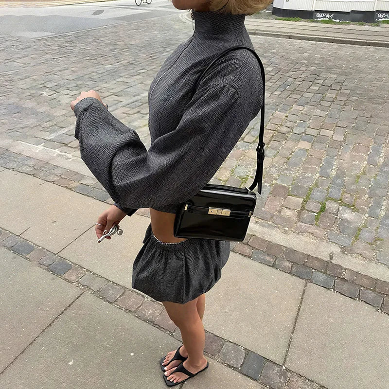 Long Sleeve 2 Piece Set Zipper Jacket and Bubble Skirt Shorts Fashion 2025 Fall Woman Going Out Outfits