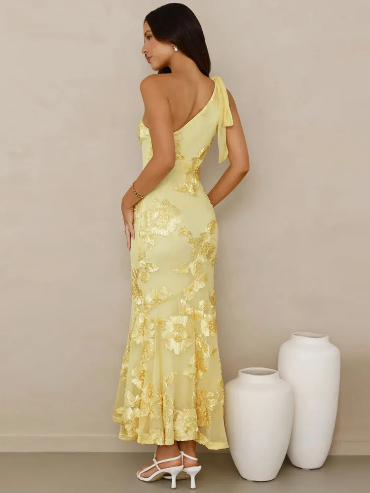 3D Floral Applique Sexy Maxi Dress Women Elegant One Shoulder Backless Sleeveless Bodycon Club Party Evening Long Dress