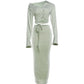 Sexy 2 Piece Set Women Fashion Button Patchwork Cross Bandages Deep V-Neck T-Shirt+Split Skirt Chic Street Party Suit