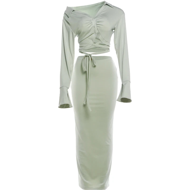Sexy 2 Piece Set Women Fashion Button Patchwork Cross Bandages Deep V-Neck T-Shirt+Split Skirt Chic Street Party Suit