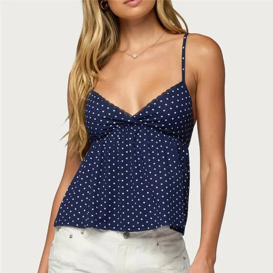 Women's Summer Slim Camisole Y2K Vintage Polka Dot Print Spaghetti Strap V-Neck Mesh Trim Tank Tops Fashion Streetwear