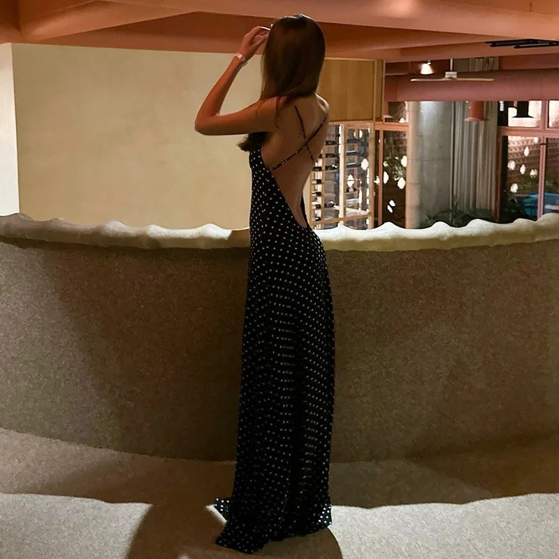Polka Dot Print Sexy Deep V Neck Backless Maxi Dresses French Style Elegant Summer Dress Woman Clothing