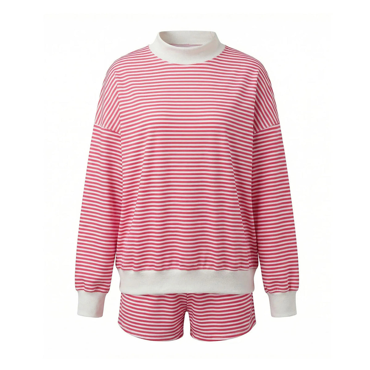 Women Mock Neck Striped Loungewear Two Piece Set Oversized Long Sleeve Sweatshirt And Shorts Casual Pajama Outfit
