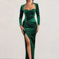 Square Collar Long Sleeve Sexy Maxi Dress For Women Velvet Fashion Ruched Split Bodycon Club Party Elegant Long Dress