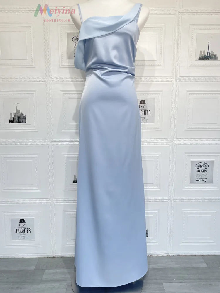 Women Satin Maxi Dress Elegant Spaghetti Strap Evening Party Gown Elegant Draped Formal Wedding Guest Long Dress