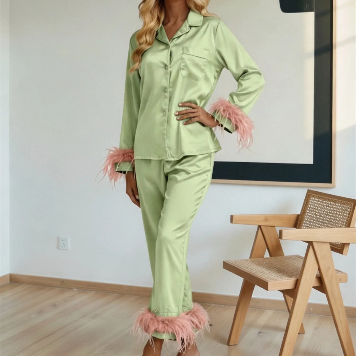 Women Satin Feather Trim Pajama Set Lapel Button Front Long Sleeve Shirt + Long Pants Christmas Loungewear Sleepwear Set