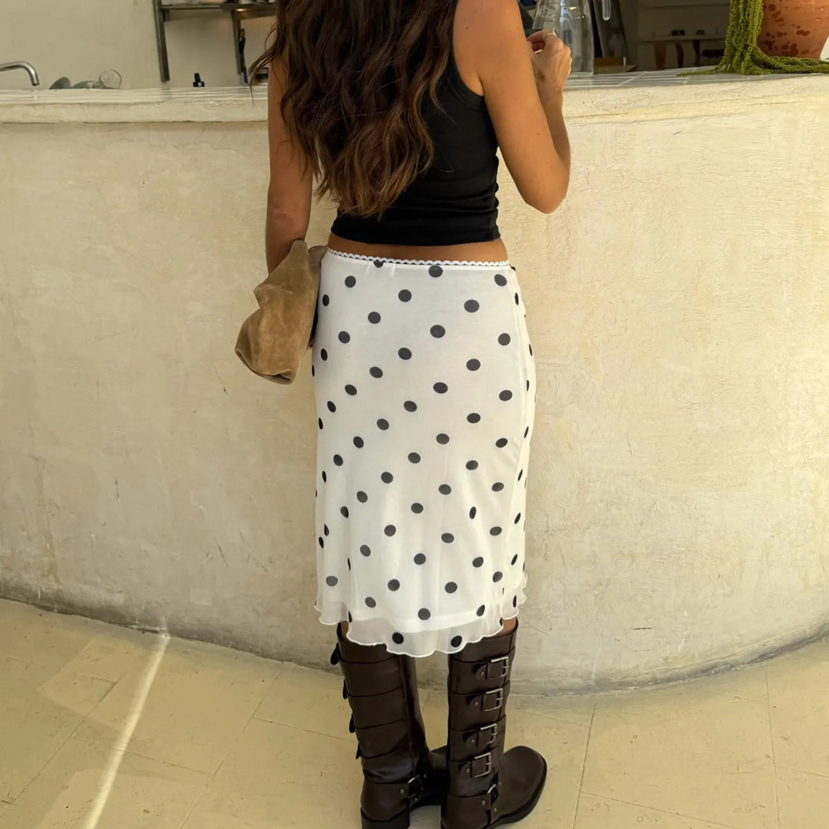 Womens Casual Midi Skirt Elegant Polka Dot Print Bodycon Pencil Skirt for Party Workout Daily Wear Summer Y2K Streetwear