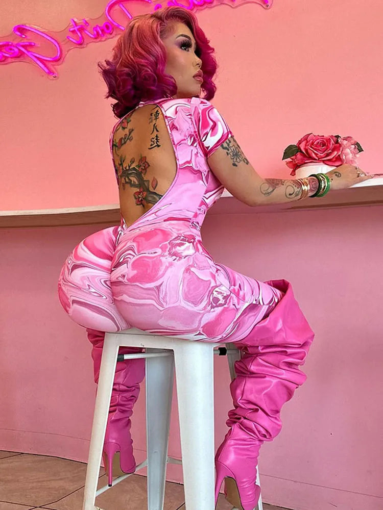 Backless Jumpsuit Women Peach Buttocks Fitness Sporty Shorts Sleeve Summer Street Activity Casual Workout Overalls