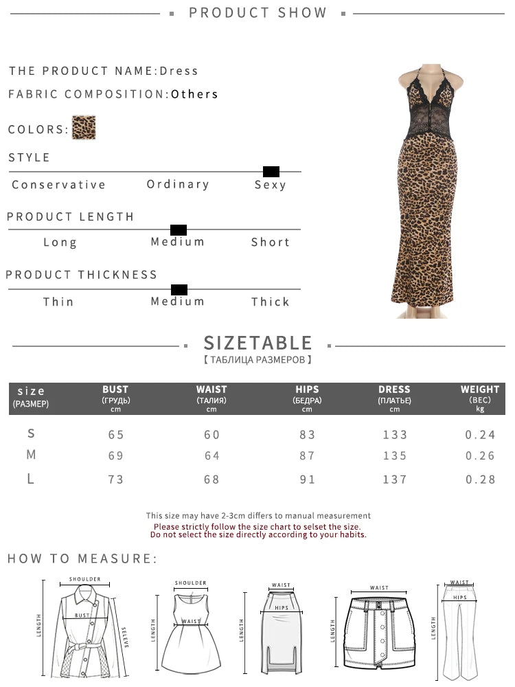 Lace Patchwork Dress Women Leopard Print Backless Halter Bandages Sleeveless Sexy Hottie Party Street Maxi Bodycon