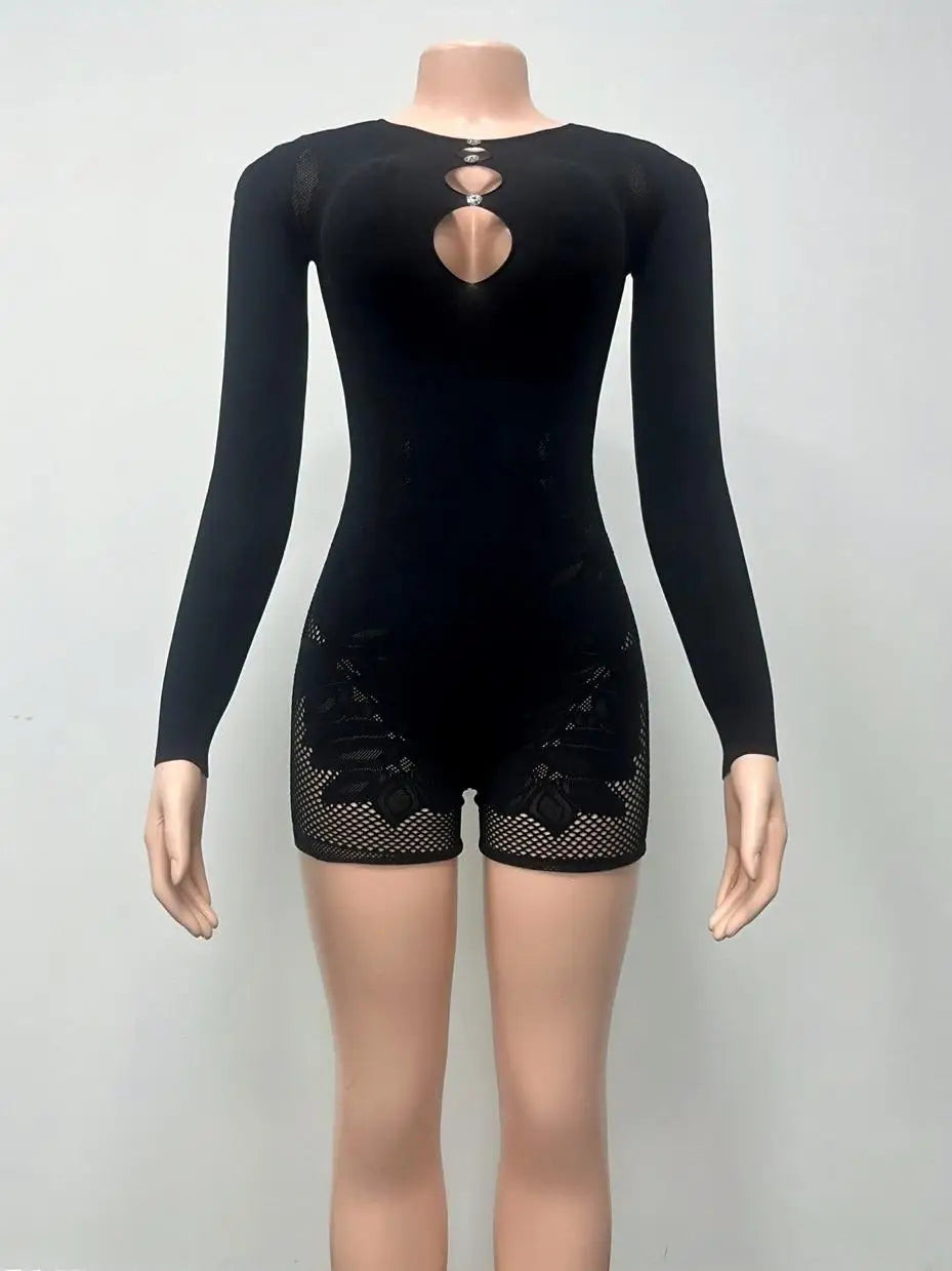 Hollow Rhinestone Women Sexy Romper Coquette Hottie Trend Skinny Midnight Club Party Full Sleeve Stretch Playsuit