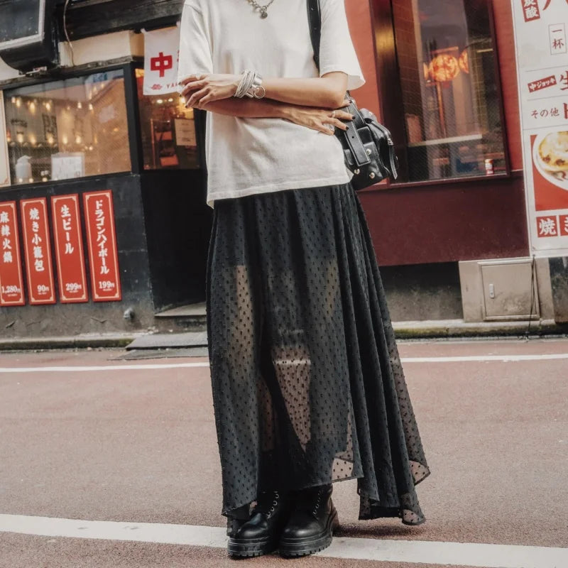 Fashion Women Sheer Skirt Y2K Polka Dot Ankle Length Long Sheer Skirt Summer Spring Casual Party Wear High Waist Skirt