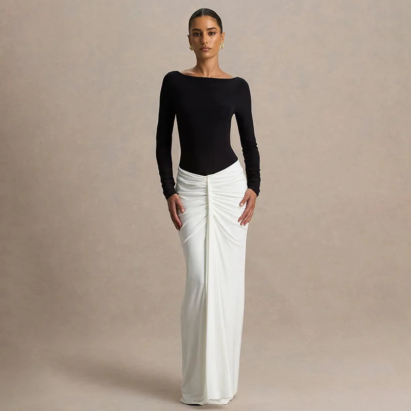 Black and White Patchwork Boat Neck Long Sleeve Backless Maxi Dress Elegant Party Dresses Fall Clothes