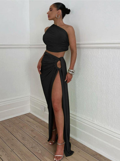Two Piece Set for Women Crop Top Slit Long Skirt Sexy Black Outfits Dinner Party Club Dress