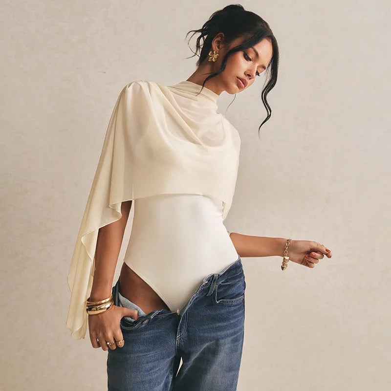 Seethru Mesh Asymmetric Shawl Sleeveless Bodysuits Elegant Woman Clothing 2026 Summer Tops