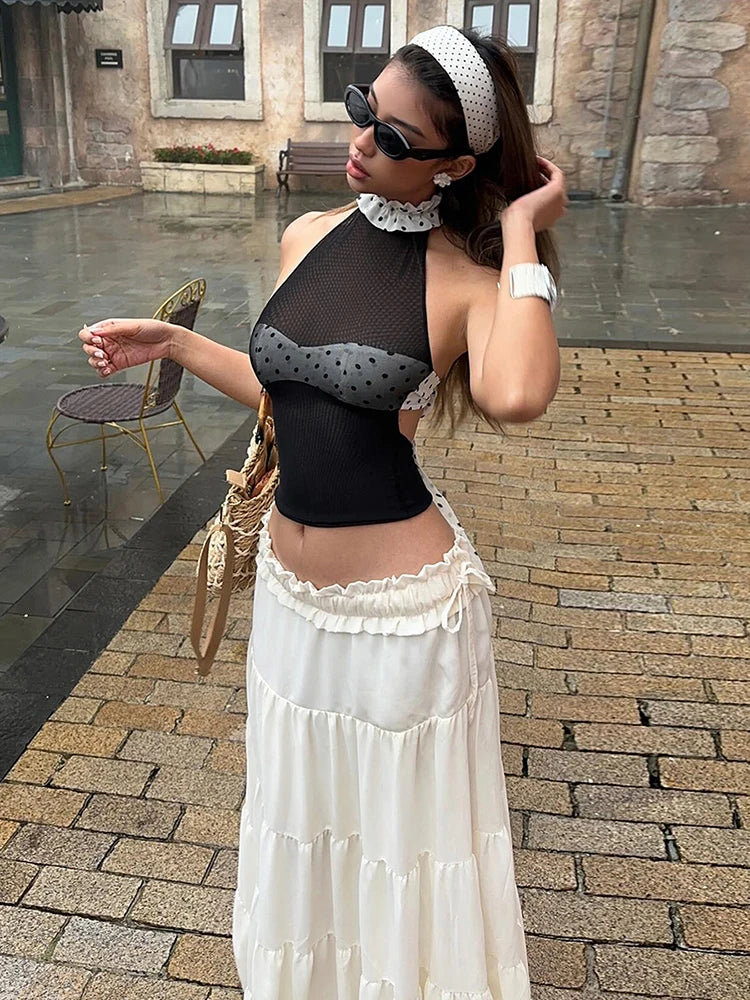 Sexy Mesh Halter Tank Top Women Patchwork Polka Dots Lace-Up Chest Wrapped Backless Street Stretch Skinny Clubwear